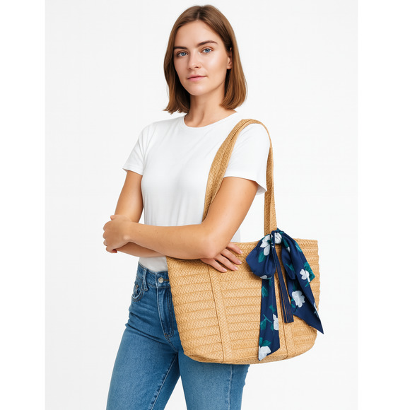 Draper James Straw Tote Bag NWT | Floral Scarf Coastal Summer Bag Navy Interior - Picture 1 of 14